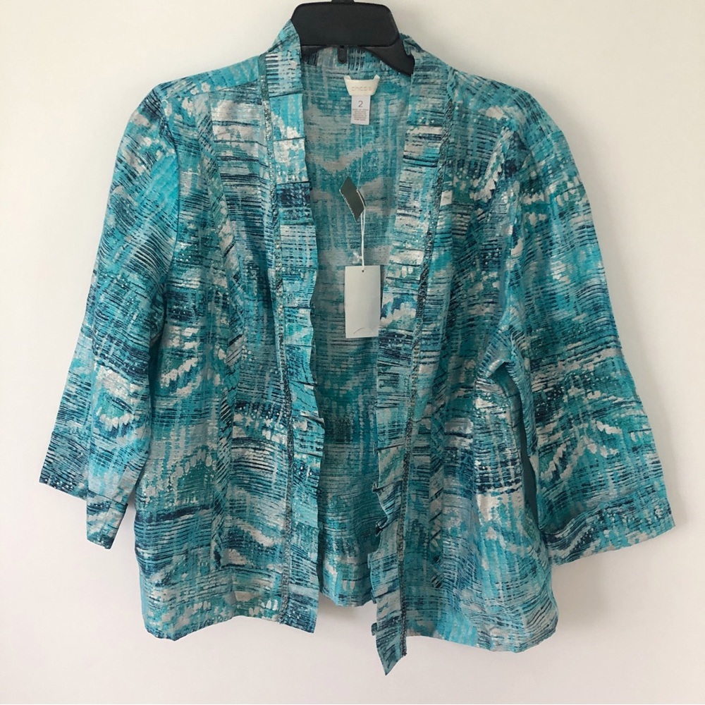 Chico's L Watercolor Splash Freeda Blue Jacket Blazer Open Front Linen Blend NWT